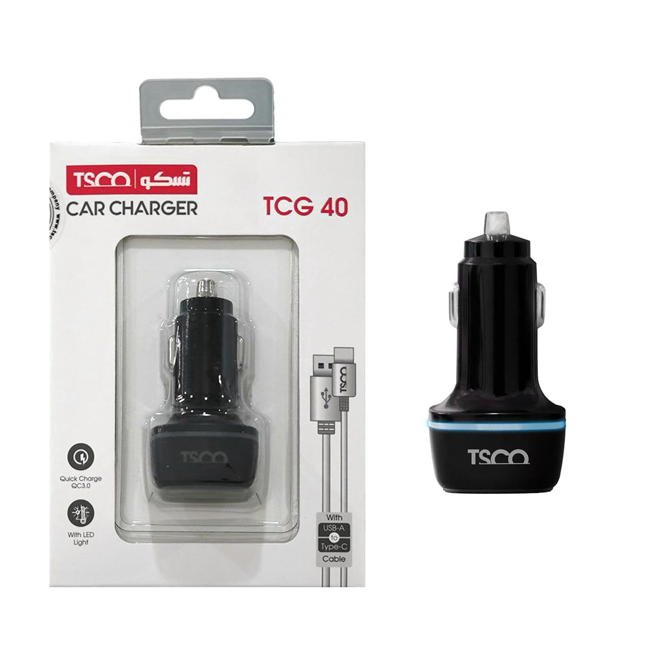شارژر فندکی 30 وات فست دو پورت TSCO مدل TCG 40 به همراه کابل شارژ Type-C