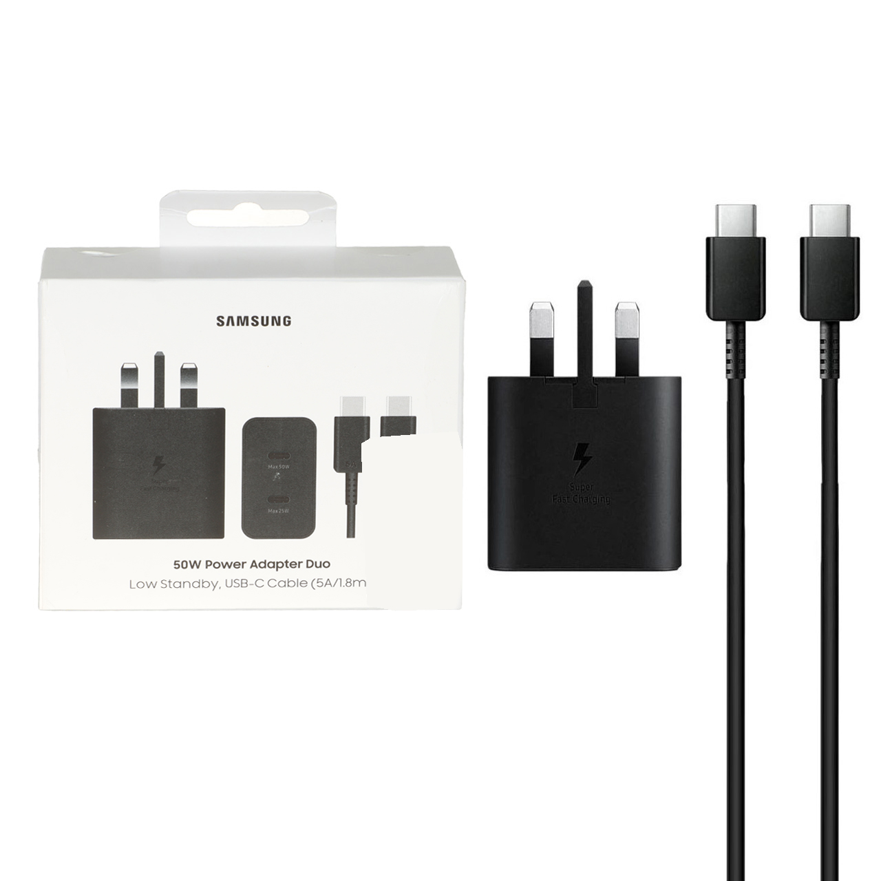 شارژر دیواری سه پین فست و PD تک پورت SAMSUNG Type-C مدل EP-T5020 50W به همراه کابل شارژ Type-C - مشکی - (گارانتی 18 ماهه شرکتی)