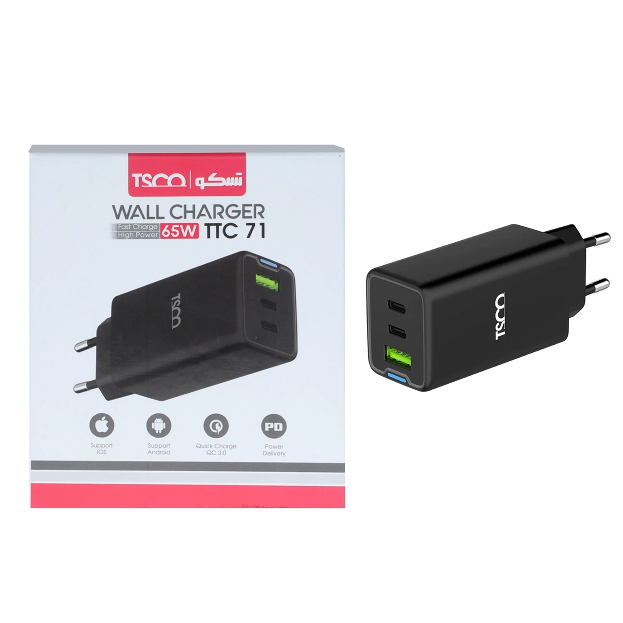 شارژر دیواری PD و فست سه پورت TSCO مدل TTC 71 65W